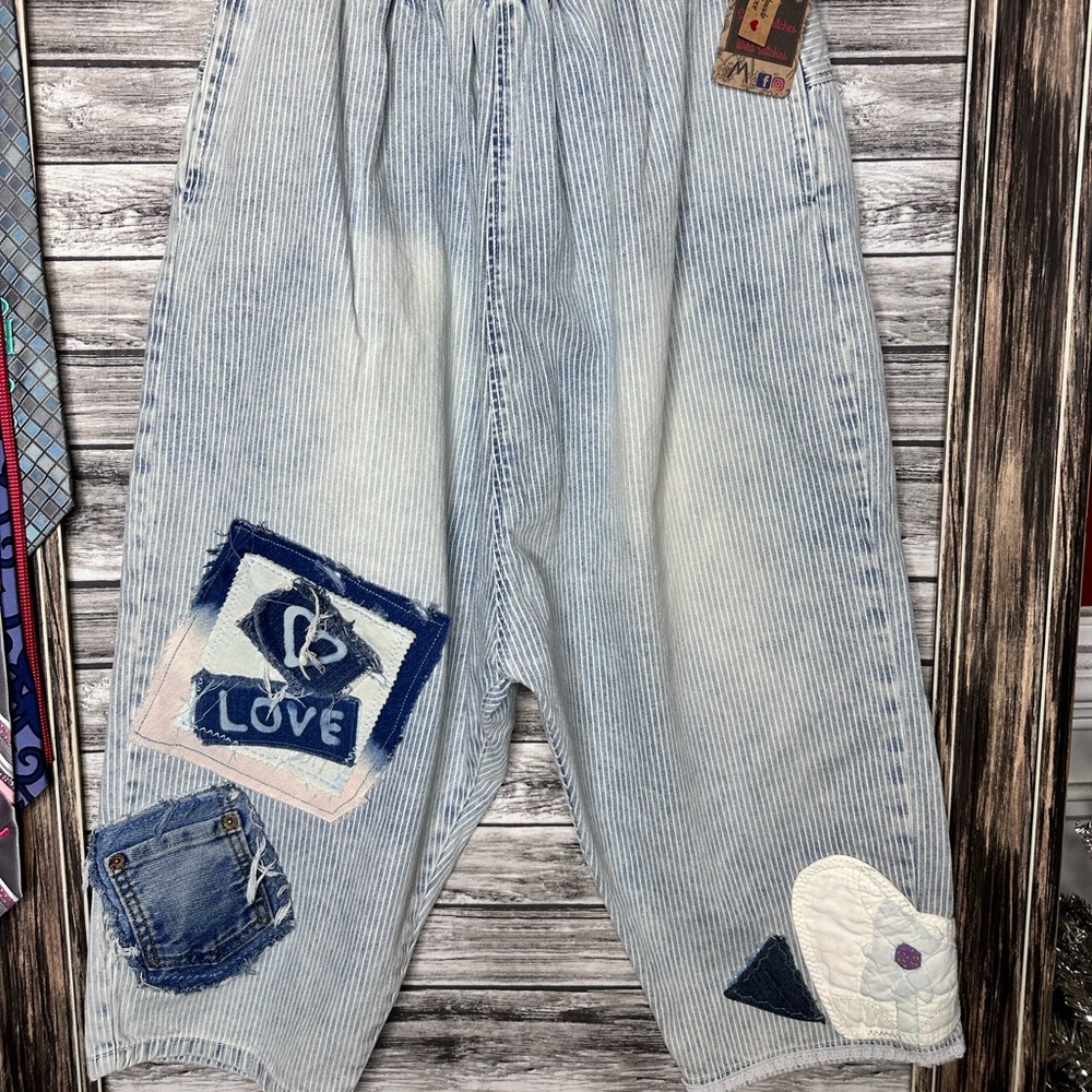 Handmade Upcycled Reworked Harem Oversized Denim Jeans Cropped Pants Pinstriped
